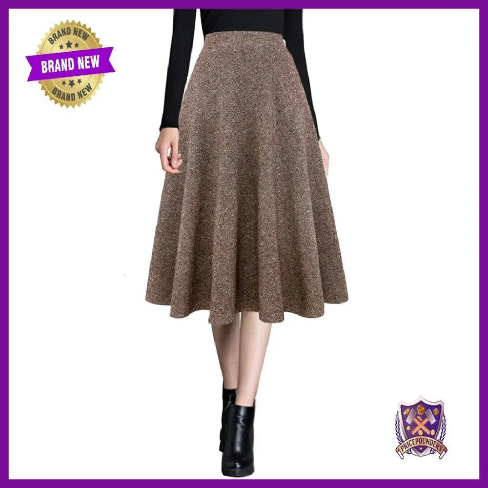 Warm Wool Midi Skirt High Waist A-Line Flared with Pockets